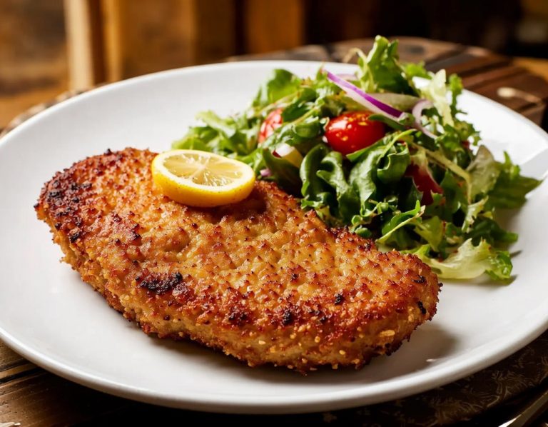 jeden Mittwoch ist Schnitzel-Abend Panierte Hähnchenbrust mit Zitronenscheibe und gemischtem Salat.